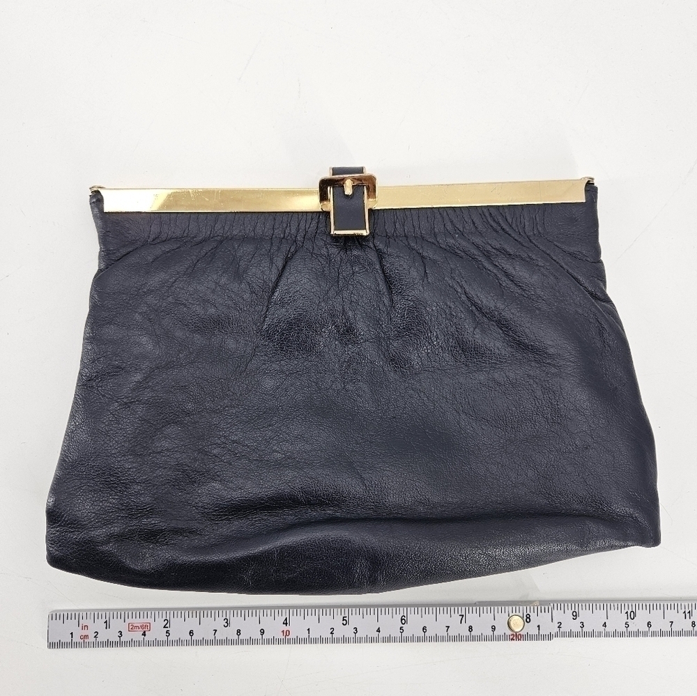 1950s Vintage NAVY BLUE Leather Purse Clutch Statement Bag Diamond GATE OPEN
